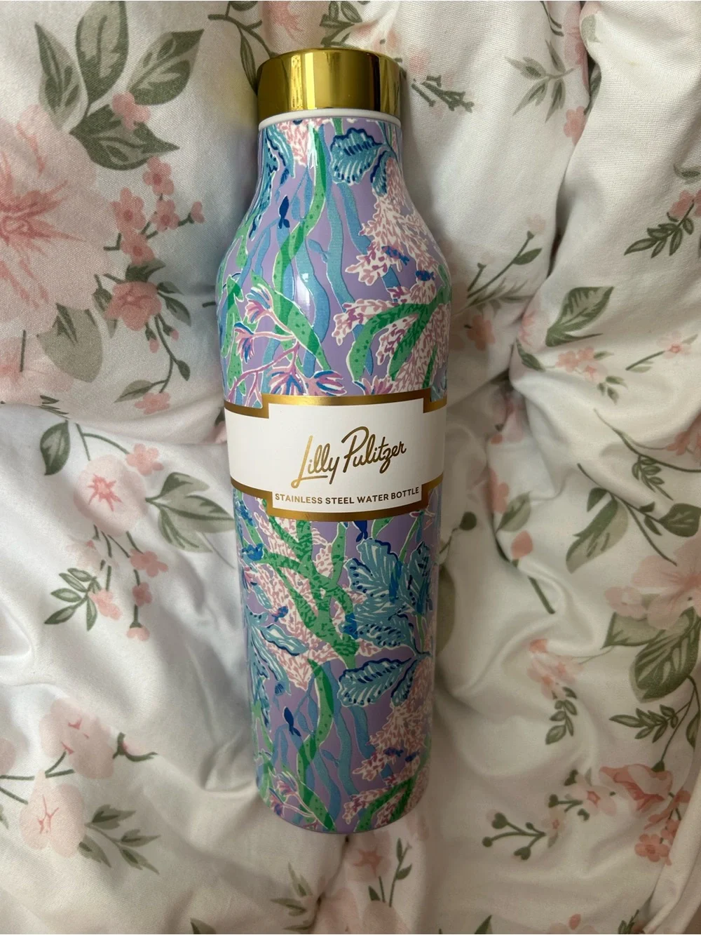 Lilly Pulitzer Lavender Floral Stainless Steel Water Bottle with Gold Lid
